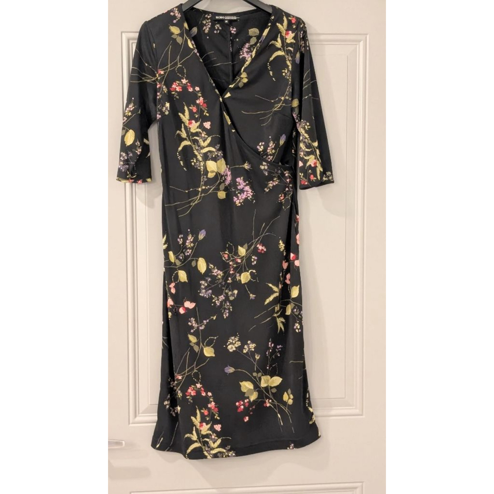 Women's BCBG Black Floral Midi Wrap Dress M